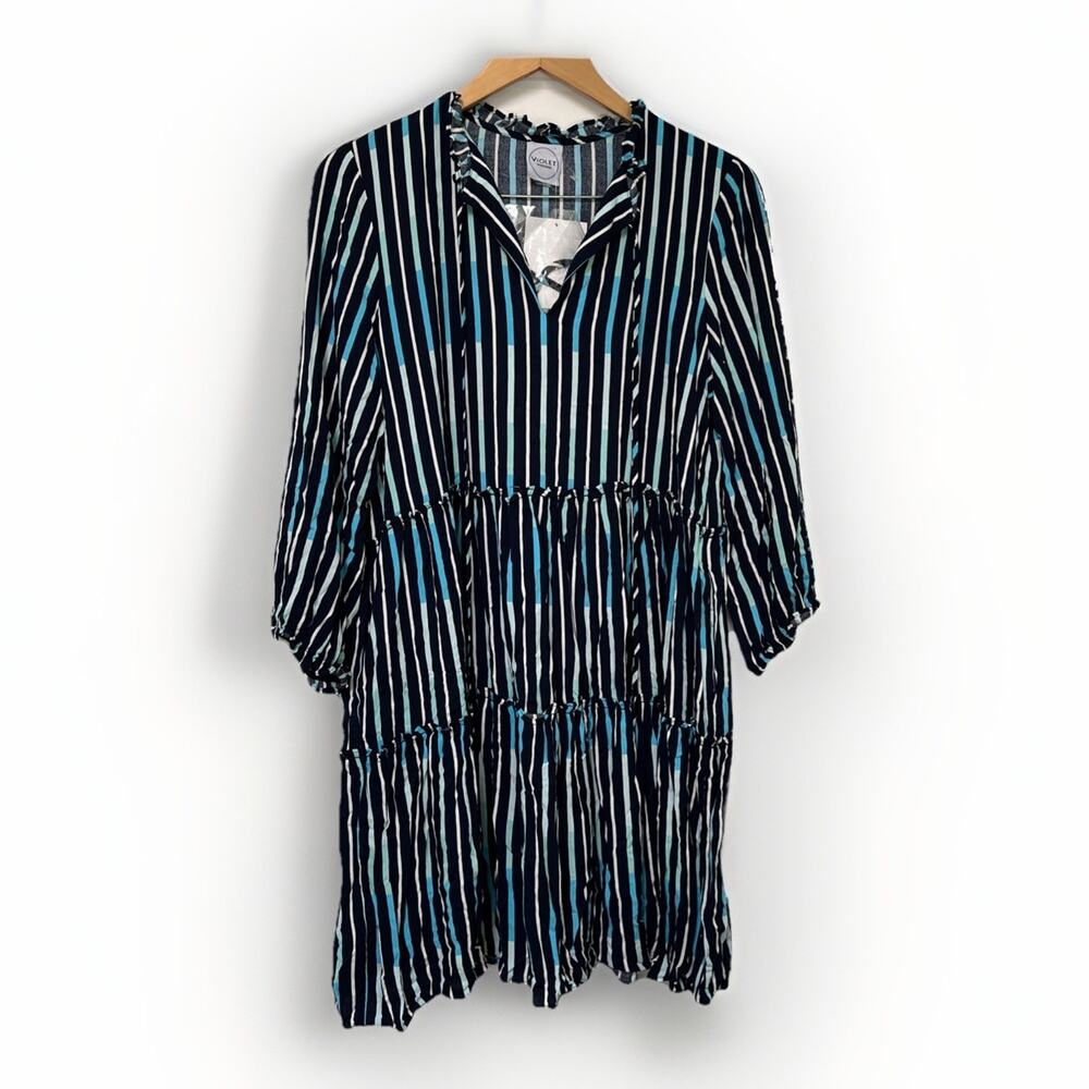 Violet Weekend Dress Size Large Blue Striped Tiered Ruffle Pockets Knee NEW